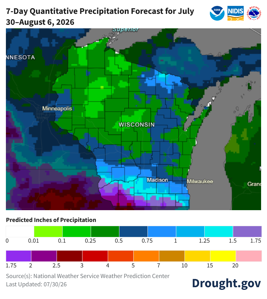 7-day precipitation forecast for Wisconsin, July 30-Aug. 6, 2026; most areas 0.1-1 inch, highest totals in southern Wisconsin.