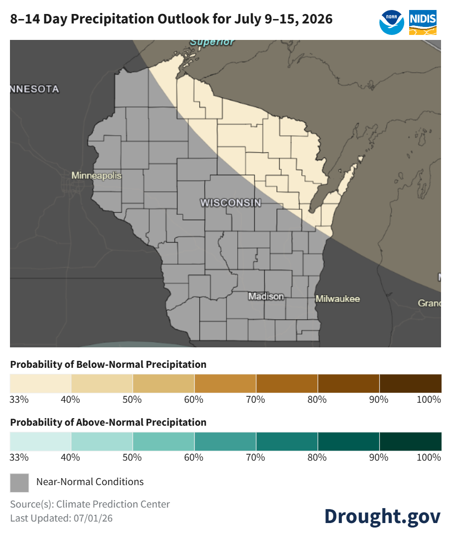 NOAA 8–14 day precipitation outlook map for Wisconsin, July 9–15, 2026. Image description below.