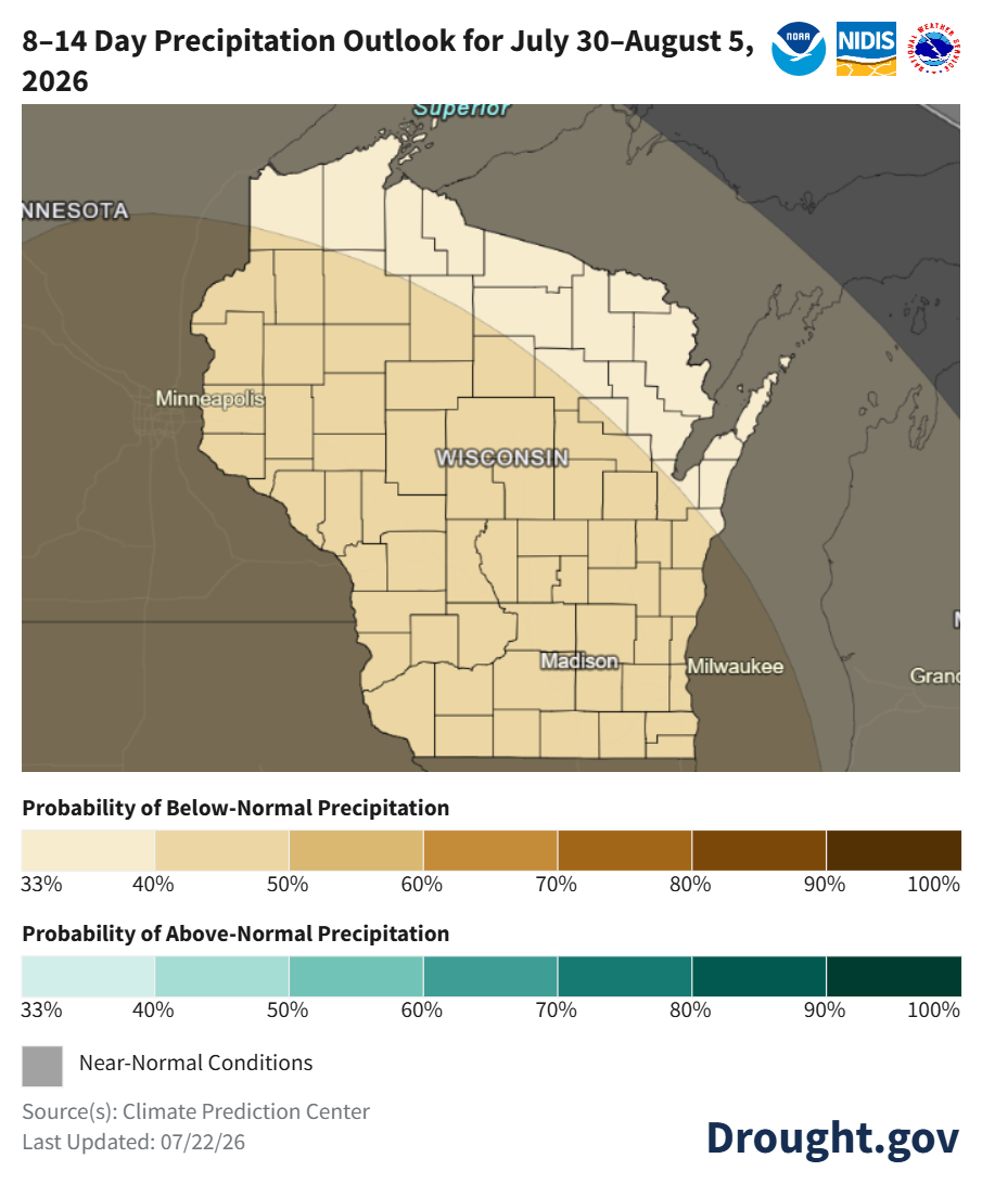 NOAA map: 8–14 day precipitation outlook for Madison, WI area, July 30–Aug 5, 2026. Image description below.