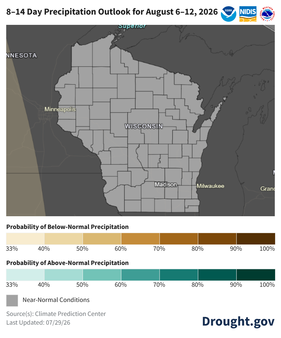 8-14 day precipitation outlook for Aug. 6-12, 2026. Wisconsin forecast favors near-normal precipitation statewide.