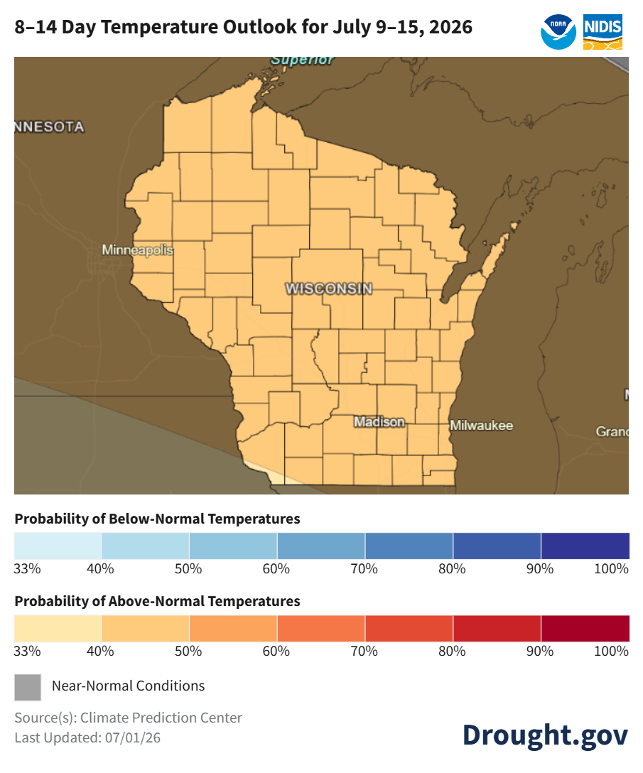 NOAA CPC map: 8–14 day temperature outlook for Wisconsin, July 9–15, 2026, showing near-normal temperatures statewide. Image description below.