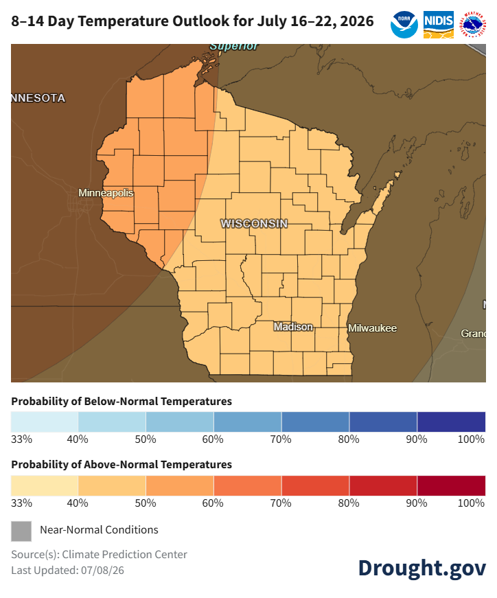 NOAA map: 8–14 day temperature outlook for Wisconsin, July 16–22, 2026. Most of state shows 40-50% probability of below-normal precipitation. Image description below.