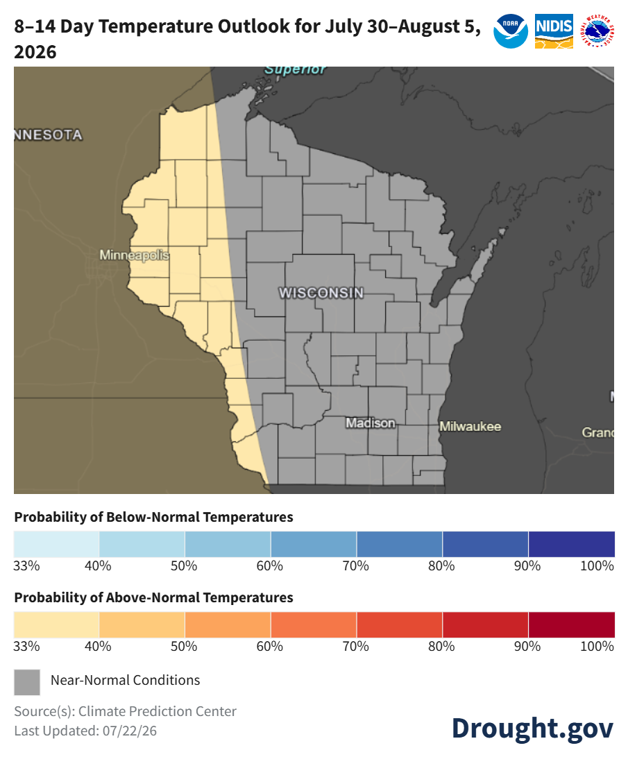 NOAA map: 8–14 day temperature outlook, July 30–Aug 5, 2026. Most of Wisconsin shows near-normal temps; western WI/MN edge shows 33–40% above-normal probability. Image description below.