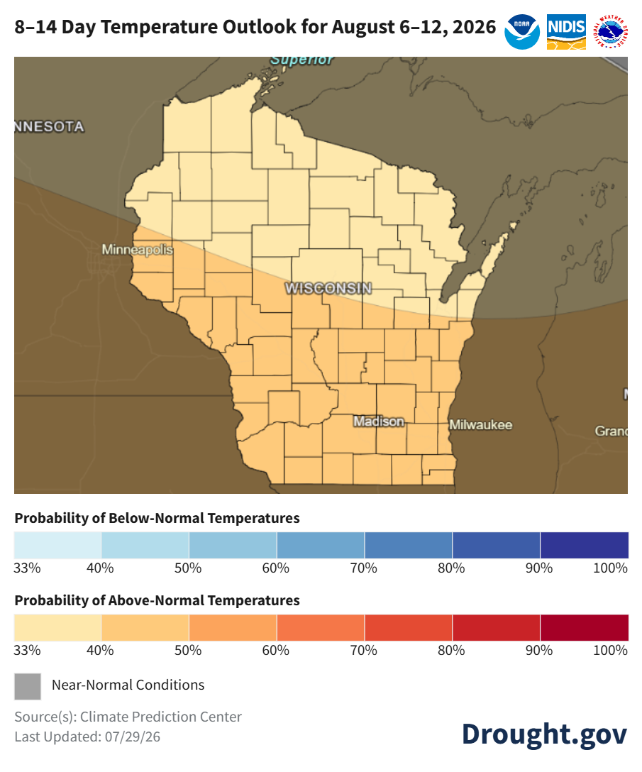 8-14 day temperature outlook for Aug. 6-12, 2026. Southern Wisconsin favors above-normal temperatures; north near normal.