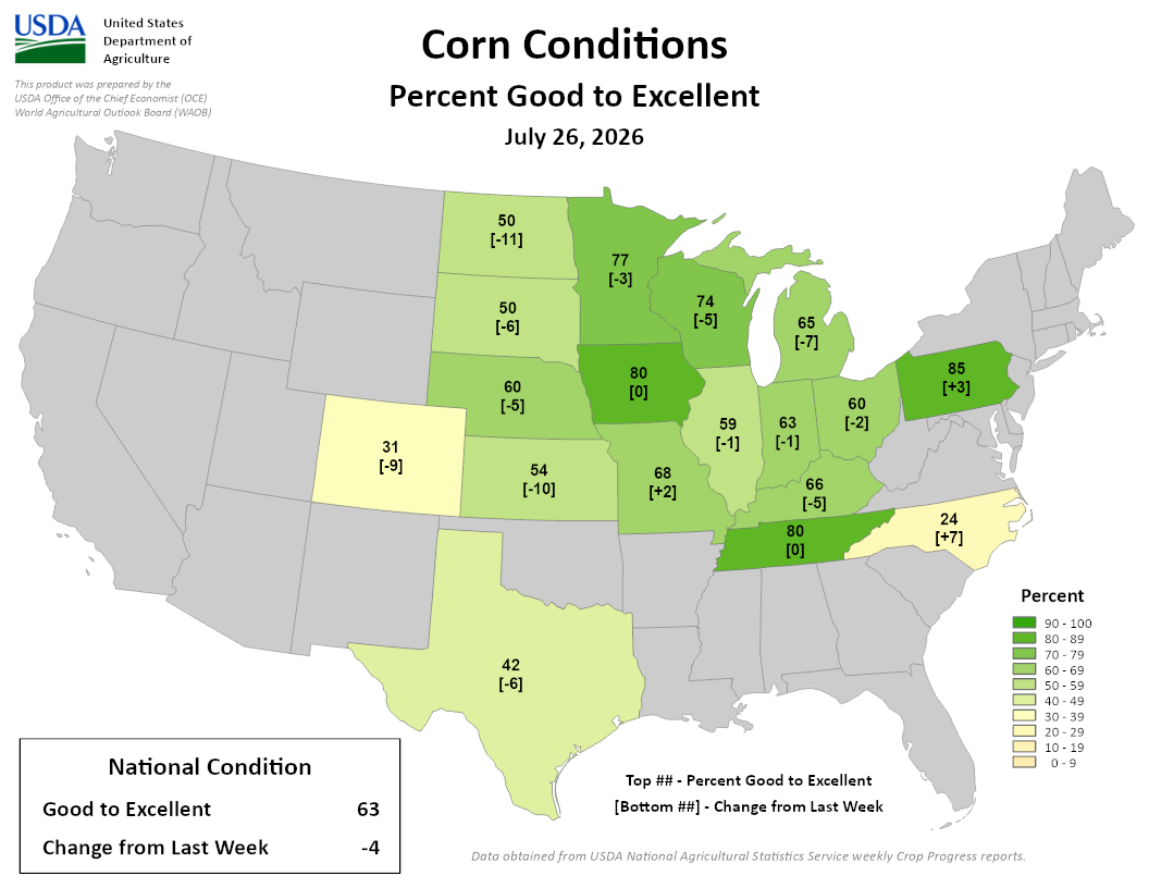 USDA Corn Conditions map, July 26, 2026. Wisconsin corn rated 74% good to excellent, down 5 points from the previous week.