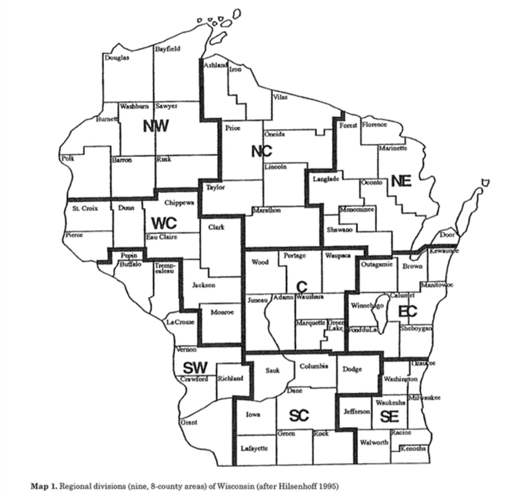 A map of Wisconsin showing county lines, categorized into 9 regions including northwest, north central, north east, west central, central, east central, southwest, south central, and southeast.