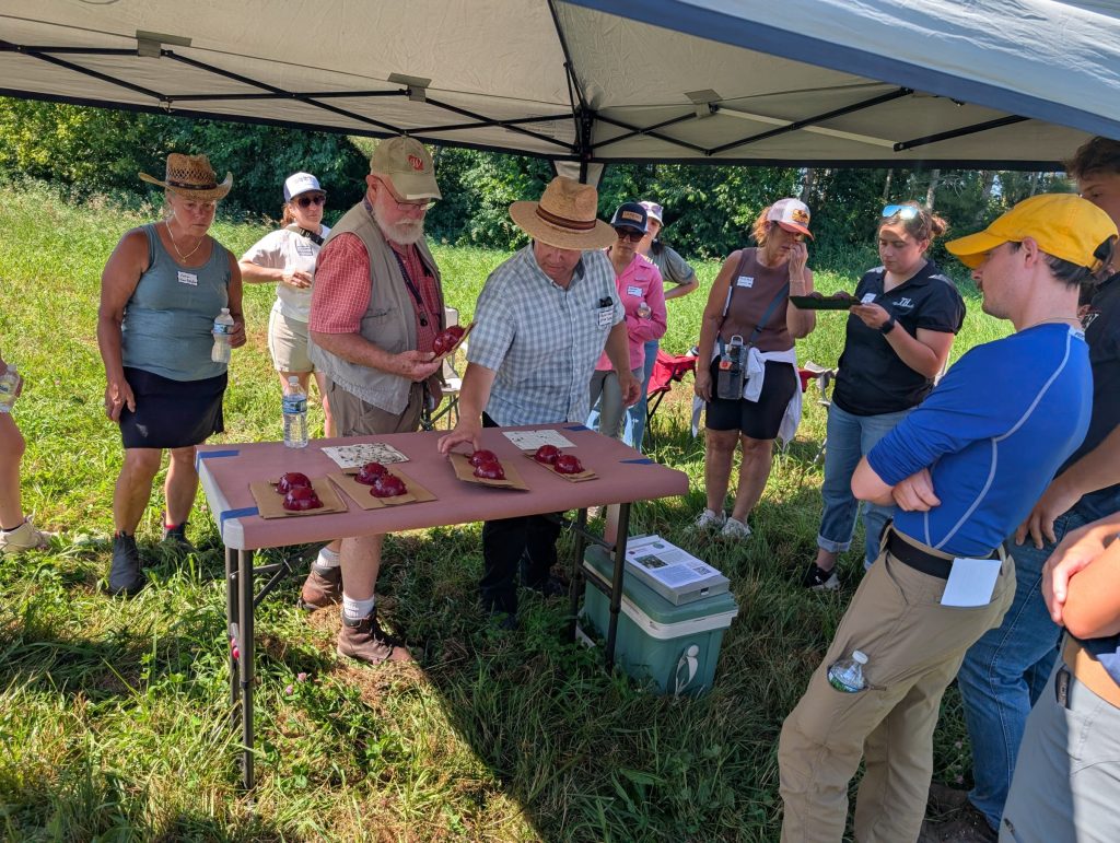 Peter Werts and John Aue show artificial red apple models to a gathered group under a canopy tent.