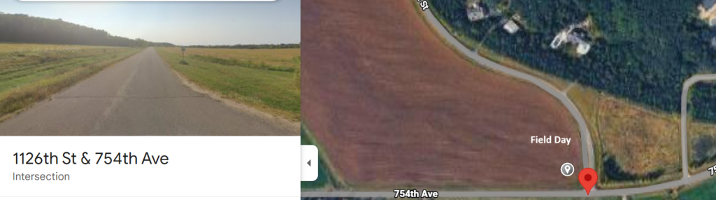 Map with pin identifying Field Day at the intersection of 754th Avenue and 1126th Street