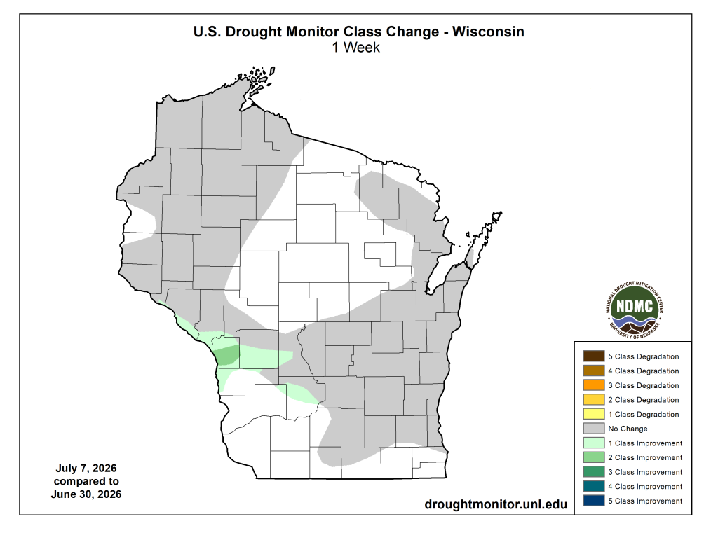 U.S. Drought Monitor Wisconsin class change map, July 7 vs June 30, 2026 — mostly no change, southwest shows 1-3 class improvement. Image description below.