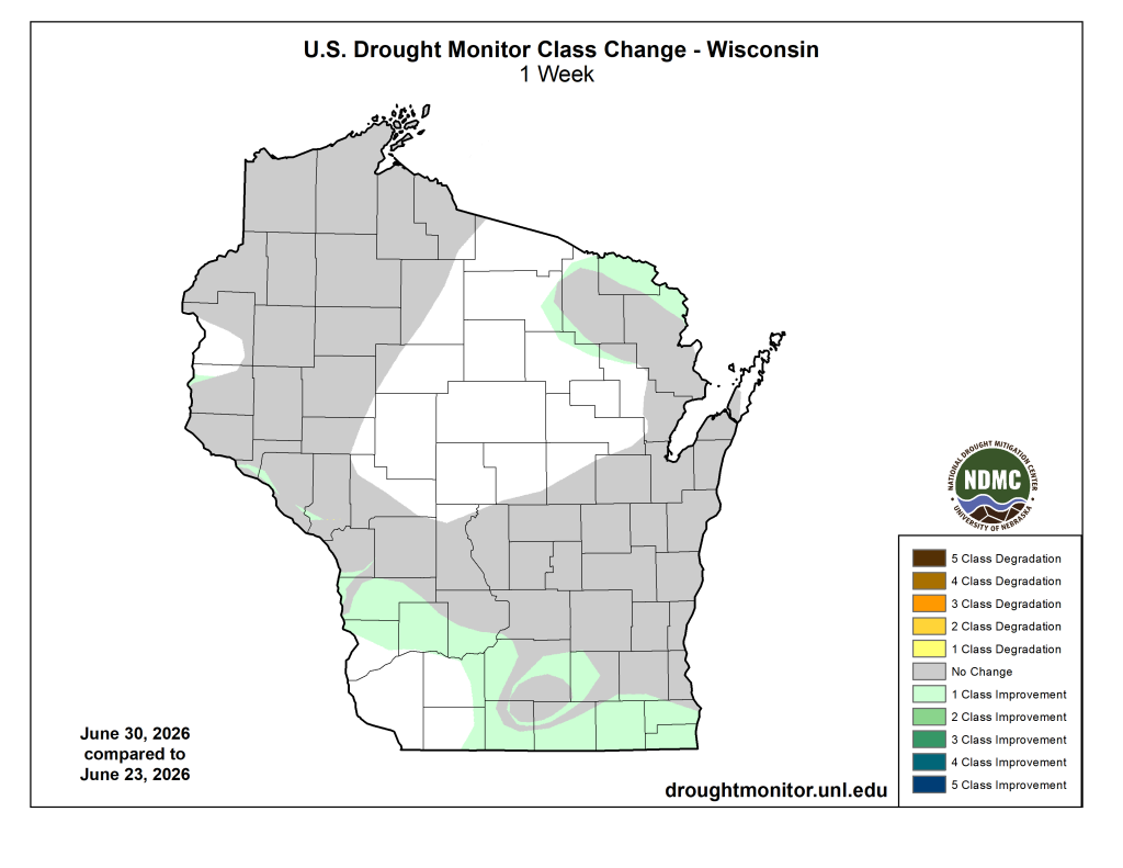 US Drought Monitor class change map, Wisconsin, 1-week, June 23–30, 2026. Image description below.