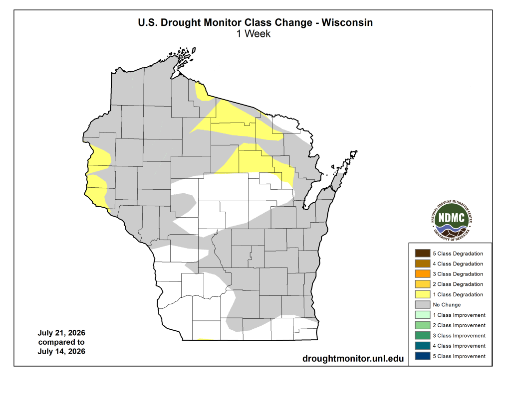 U.S. Drought Monitor map, Wisconsin, 1-week change, July 21 vs July 14, 2026. Image description below.