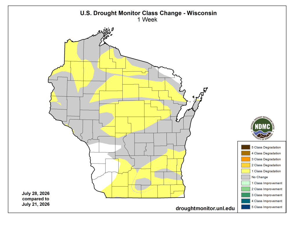U.S. Drought Monitor Class Change, Wisconsin, 1 week; mostly 1-class degradation across central and northern areas.