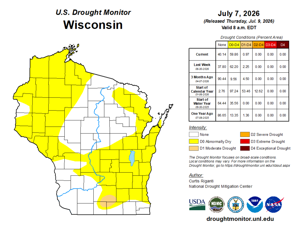 U.S. Drought Monitor map of Wisconsin, July 7, 2026, showing 59.86% of state in D0 abnormally dry and 0.97% in D1 moderate drought. Image description below.