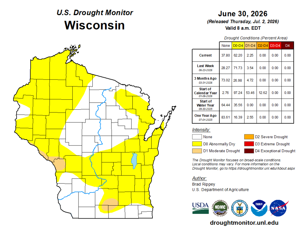 U.S. Drought Monitor map of Wisconsin, June 30, 2026. Image description below.