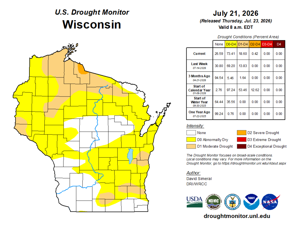 U.S. Drought Monitor map of Wisconsin, July 21, 2026: 73.41% of state abnormally dry or worse, 18.60% in moderate drought. Image description below.