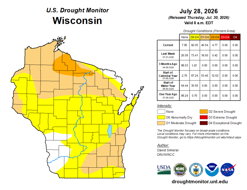U.S. Drought Monitor Wisconsin, July 28, 2026; 92% abnormally dry and 41% in moderate drought or worse.