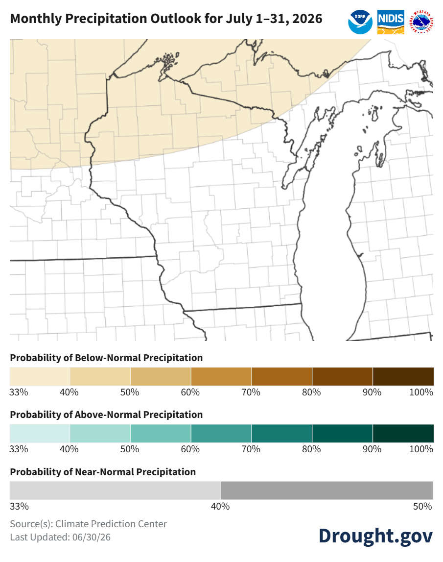 Map: July 2026 precipitation outlook, Great Lakes region. Northwest corner shows 33-40% probability below-normal precipitation; rest equal chances. Image description below.