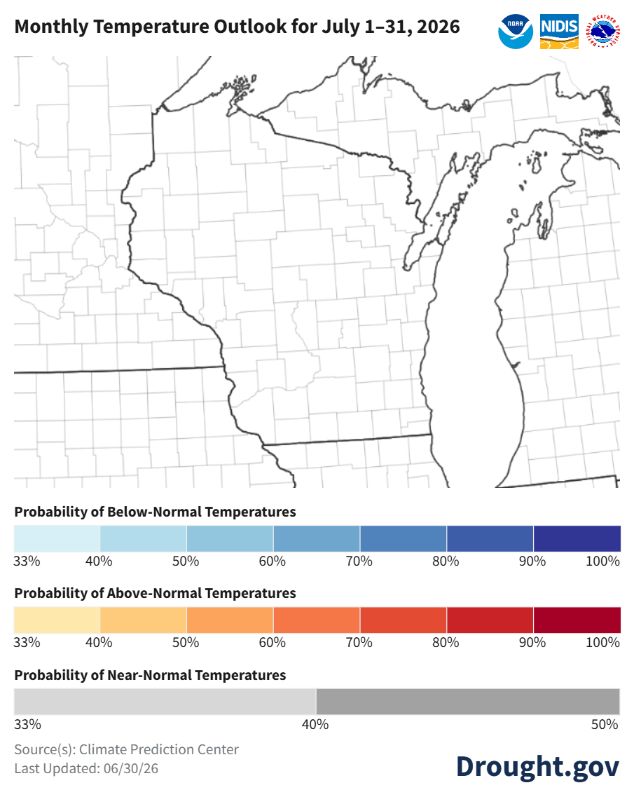 Map of Wisconsin, Michigan, Iowa region titled "Monthly Temperature Outlook for July 1–31, 2026." Image description below.