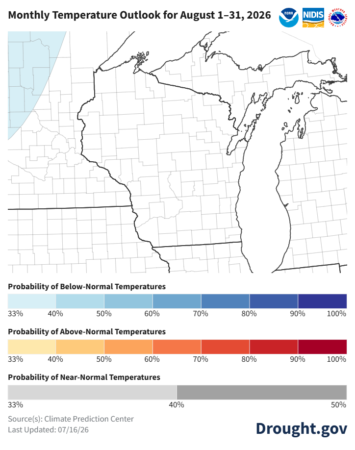 Map: Monthly Temperature Outlook, Aug 1–31, 2026, Great Lakes region. No color-coded probability shown (Equal Chances). Image description below.