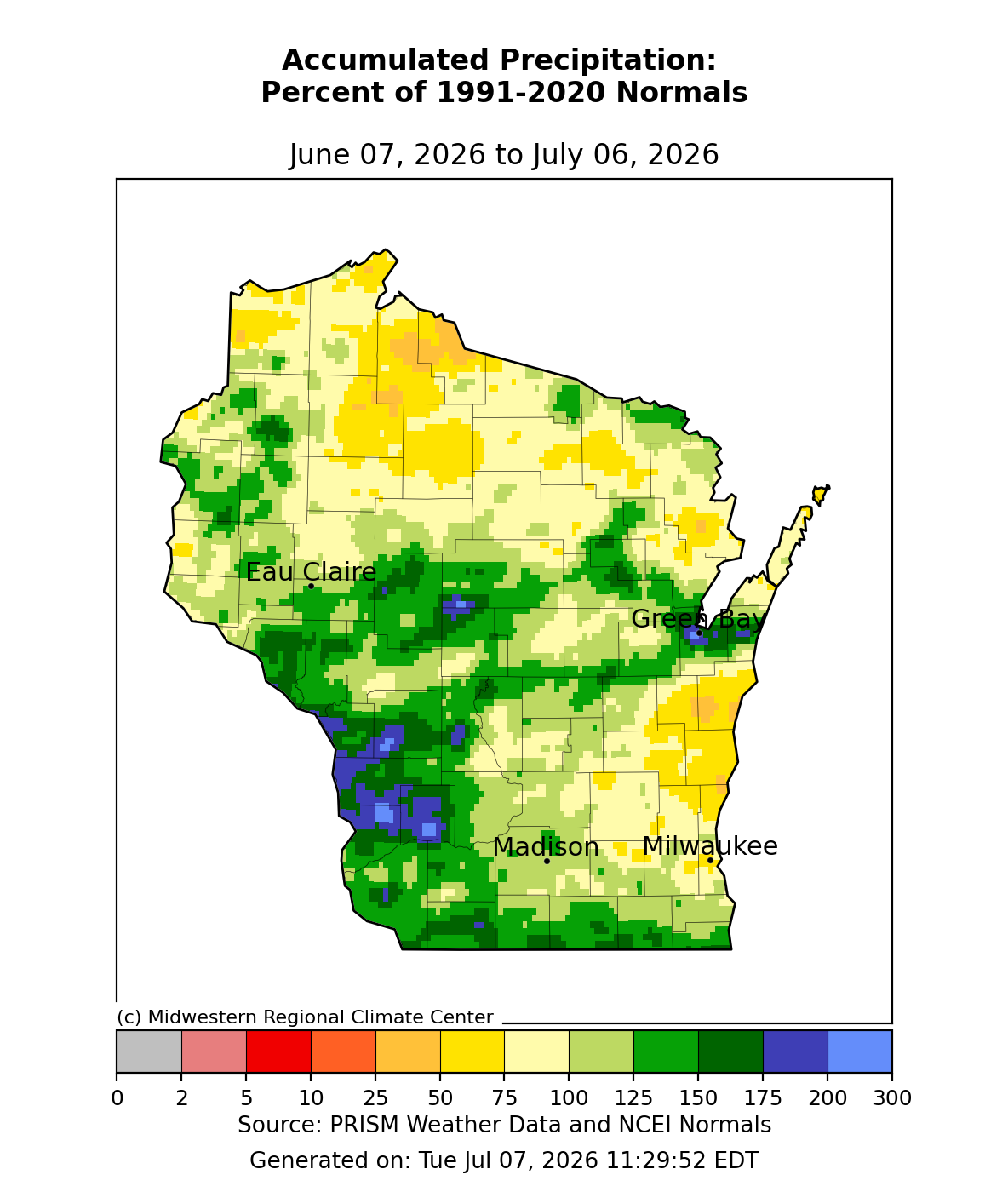 Wisconsin map, precipitation percent of normal, June 7–July 6, 2026; wetter southwest/south-central, drier north-central. Image description below.