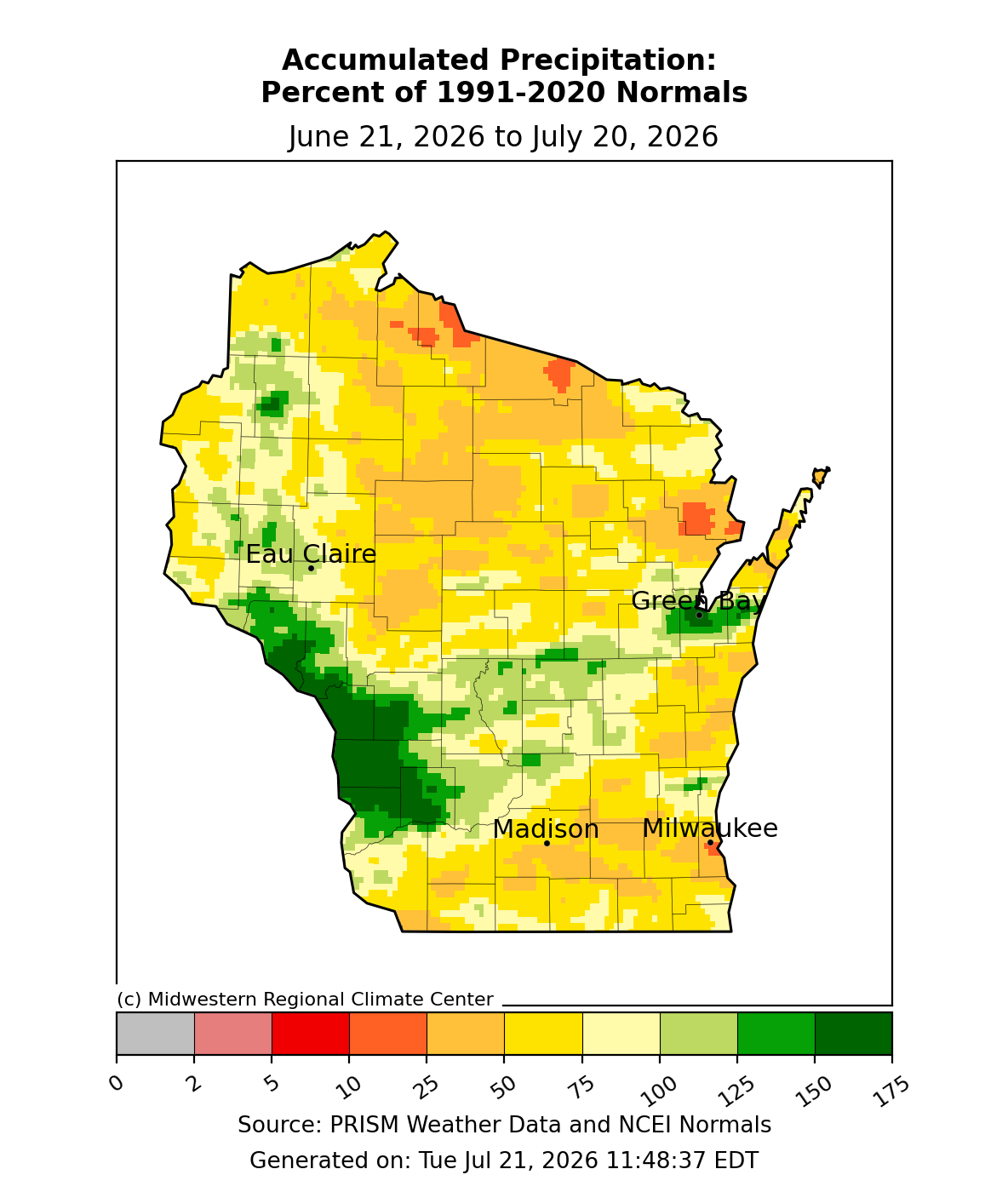 Map of Wisconsin precipitation as percent of normal, June 21–July 20, 2026. Southwest wet (150-175%), central/east near-to-below normal. Image description below.