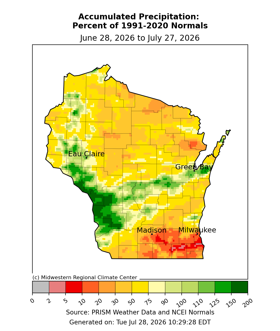 Accumulated precipitation as a percent of 1991-2020 normal, June 28-July 27, 2026. Most of Wisconsin below normal; west-central areas above normal.
