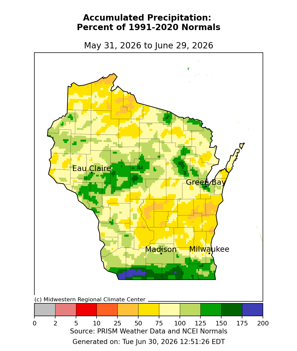 Map of Wisconsin showing precipitation as % of normal, May 31–Jun 29, 2026, by county. Image description below.