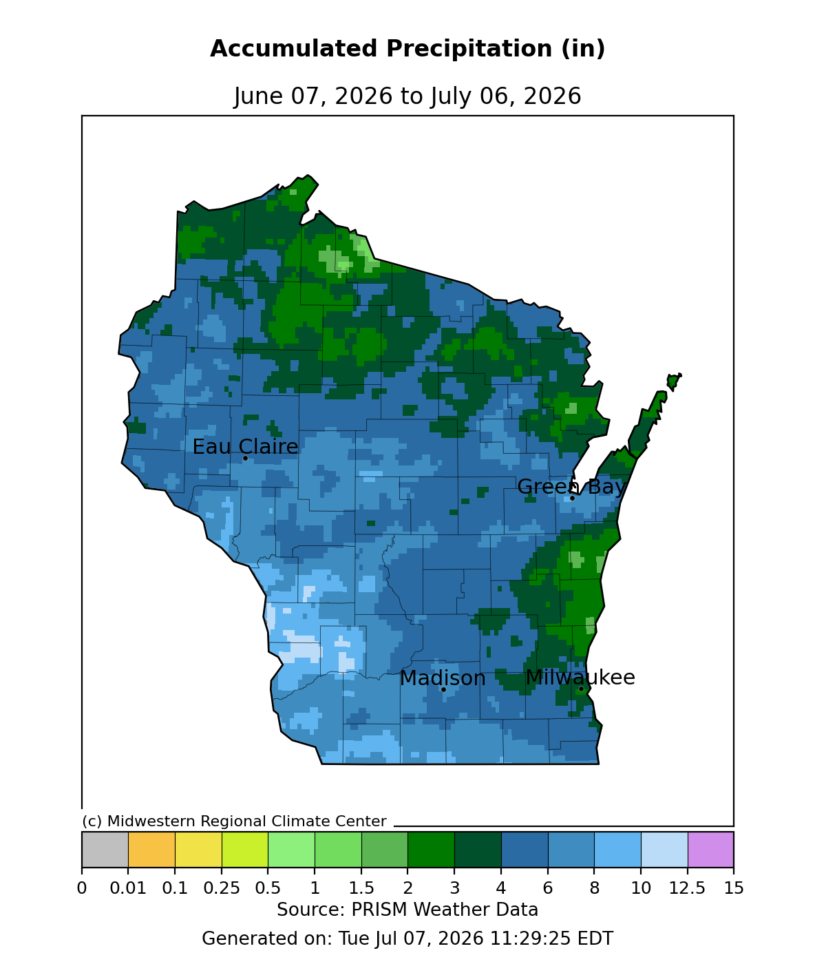 Map of Wisconsin accumulated precipitation, June 7–July 6, 2026. Image description below.