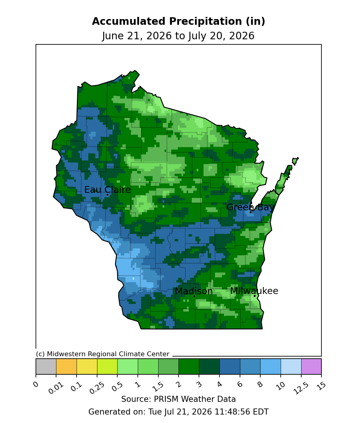Wisconsin map, accumulated precipitation June 21–July 20, 2026. Image description below.