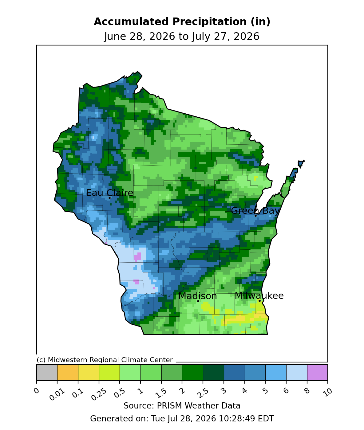 Accumulated precipitation map of Wisconsin, June 28-July 27, 2026. Wettest areas in western and south-central Wisconsin; drier east and north.