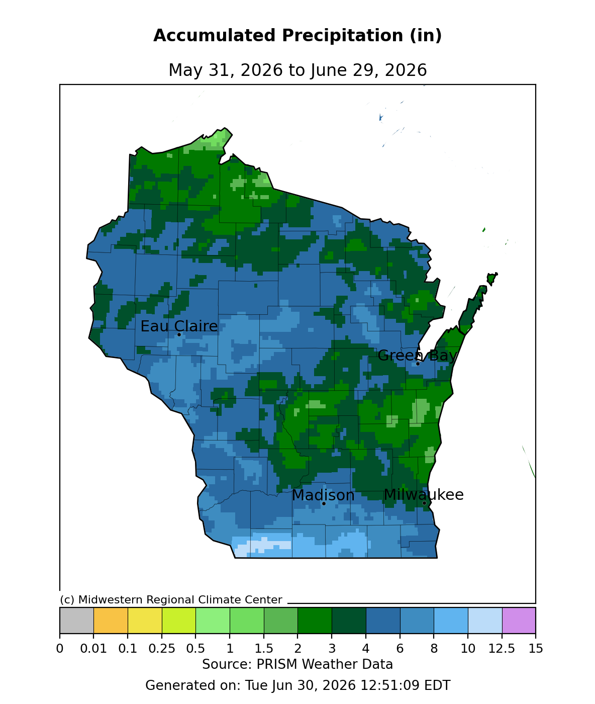 Wisconsin map, accumulated precipitation May 31–Jun 29, 2026. Image description below.
