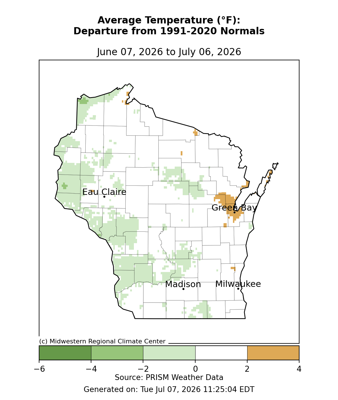 Wisconsin avg temp departure from normal, Jun 7–Jul 6, 2026. Most areas near normal to slightly cool; Green Bay area 2–4°F above normal. Image description below.
