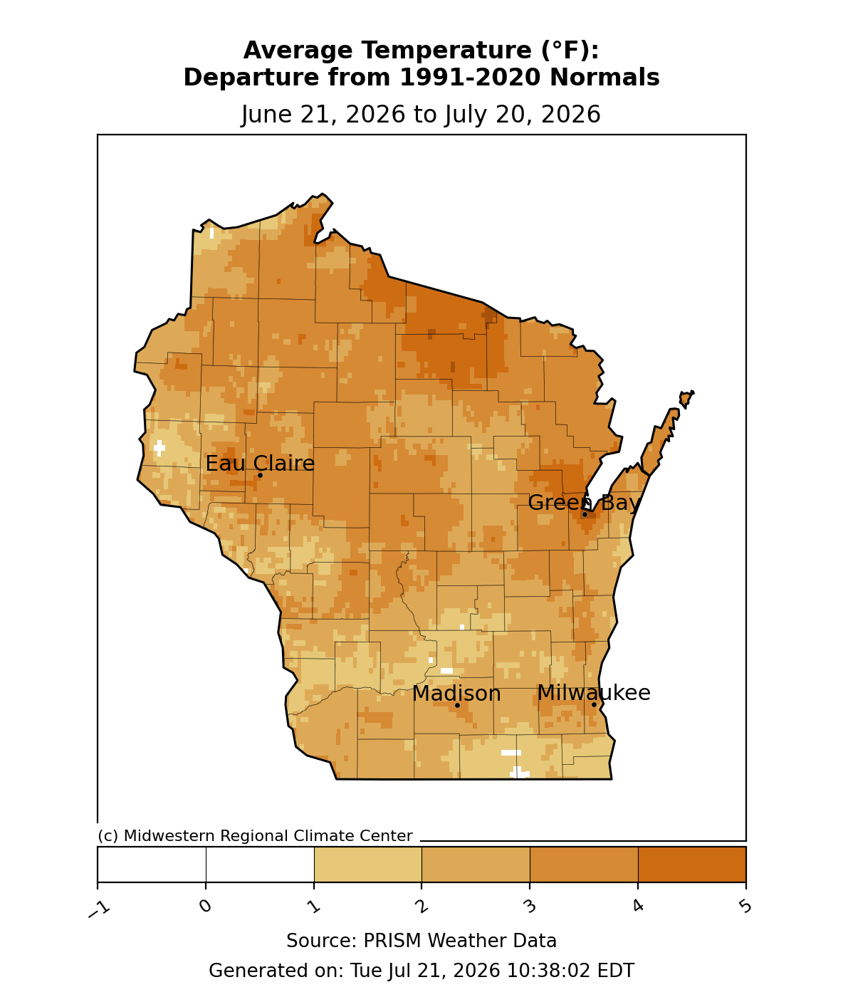 Wisconsin map, temp departure from normal, Jun 21–Jul 20, 2026. Statewide 1–5°F above normal; north-central warmest. Image description below.
