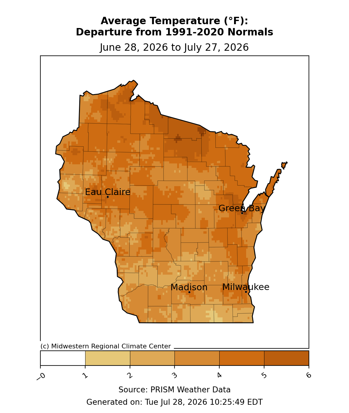 Average temperature map for Wisconsin, June 28-Jul. 27, 2026. Most areas averaged 70-75°F, with warmer conditions in southern Wisconsin.