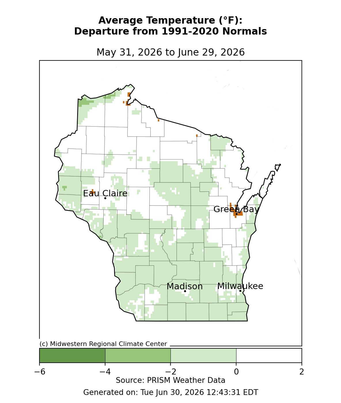 Wisconsin avg temp departure from normal, May 31–Jun 29, 2026 — mostly near-normal to 2–4°F below normal; small pockets near Green Bay above normal. Image description below.