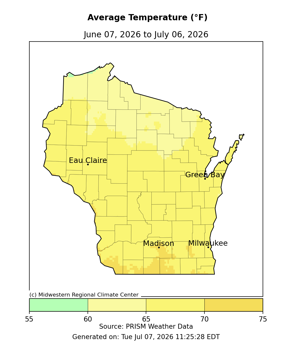 Wisconsin map, average temperature June 7–July 6, 2026, mostly 65–75°F. Image description below.