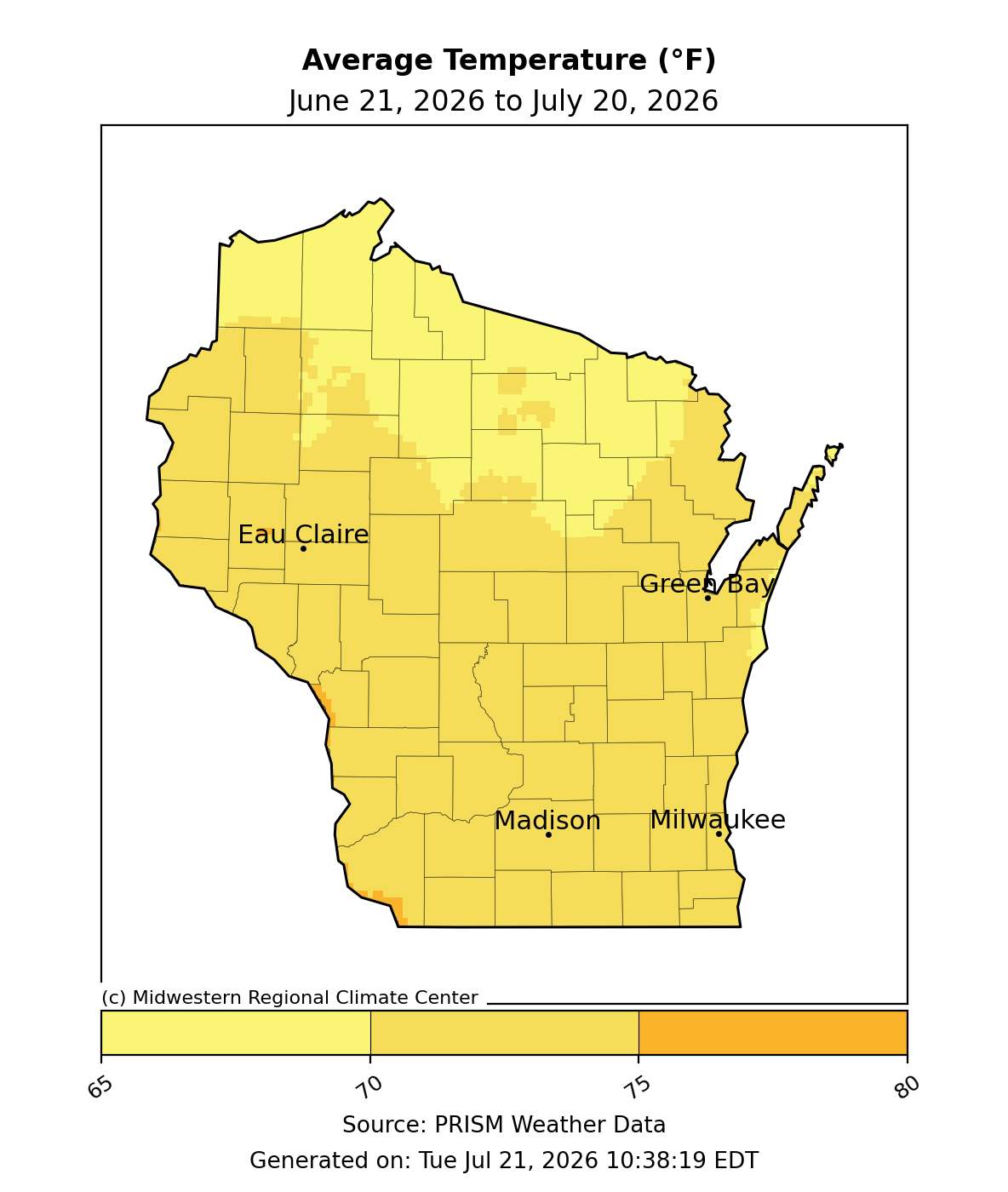 Map of average temperatures across Wisconsin, June 21–July 20, 2026, ranging 65–80°F. Image description below.