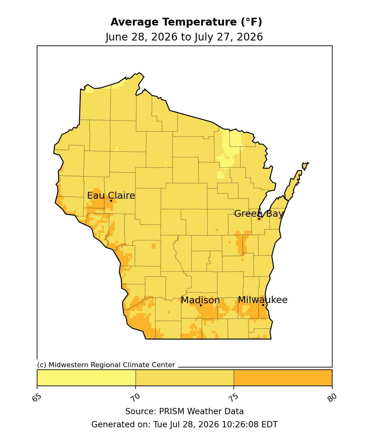 Average temperature map for Wisconsin, June 28-Jul. 27, 2026. Most areas averaged 70-75°F, with warmer conditions in southern Wisconsin.