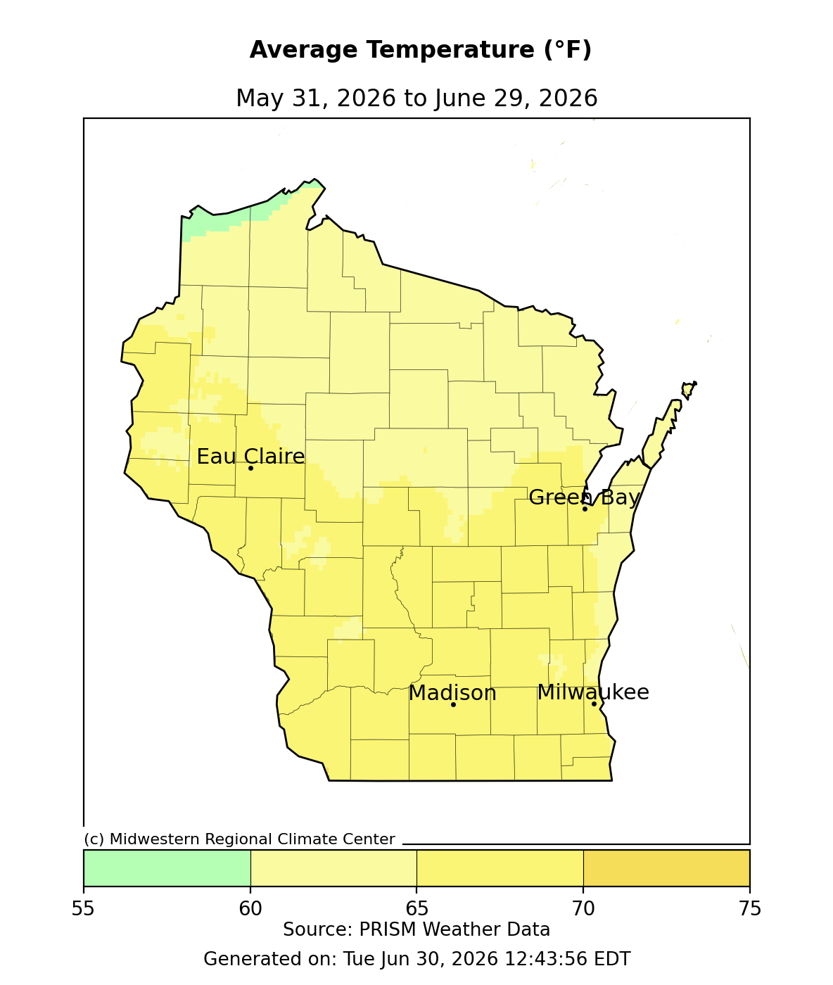 Wisconsin map, avg temp May 31–Jun 29, 2026, mostly 65-70°F; far north ~57-60°F. Image description below.