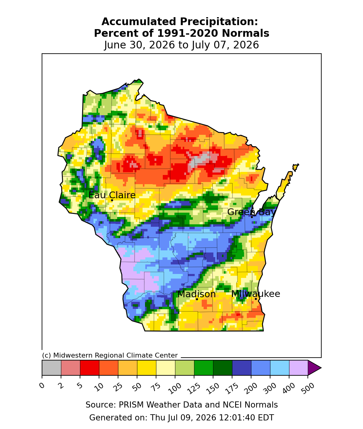 Map of Wisconsin precipitation as % of normal, June 30–July 07, 2026; north-central much drier than normal, south/southwest much wetter. Image description below.