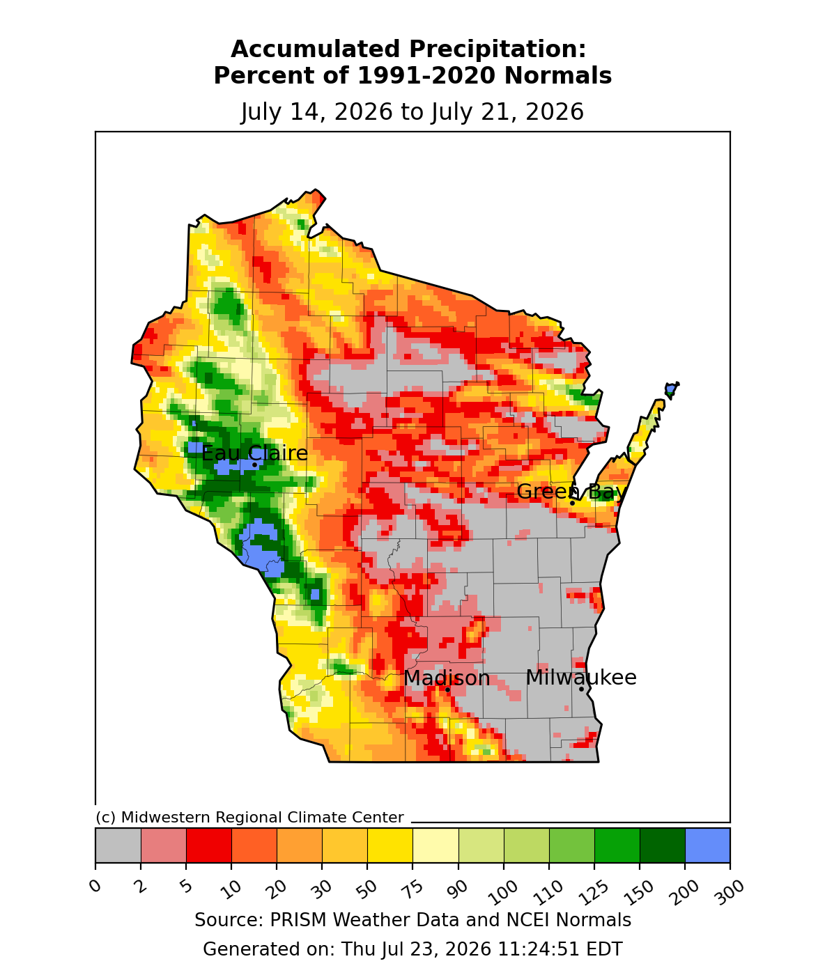 Wisconsin map, % of normal precipitation, Jul 14–21, 2026: near-normal to wet north/central, very dry (gray/red) SE and far NE. Image description below.