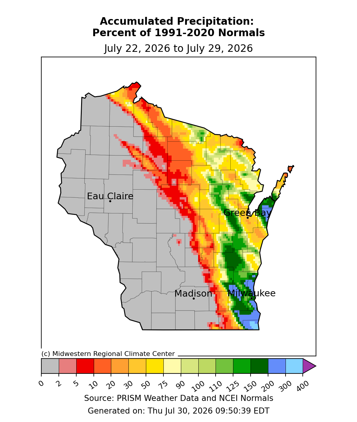 Accumulated precipitation as percent of normal, July 22-29, 2026; eastern Wisconsin above normal, central corridor below normal.