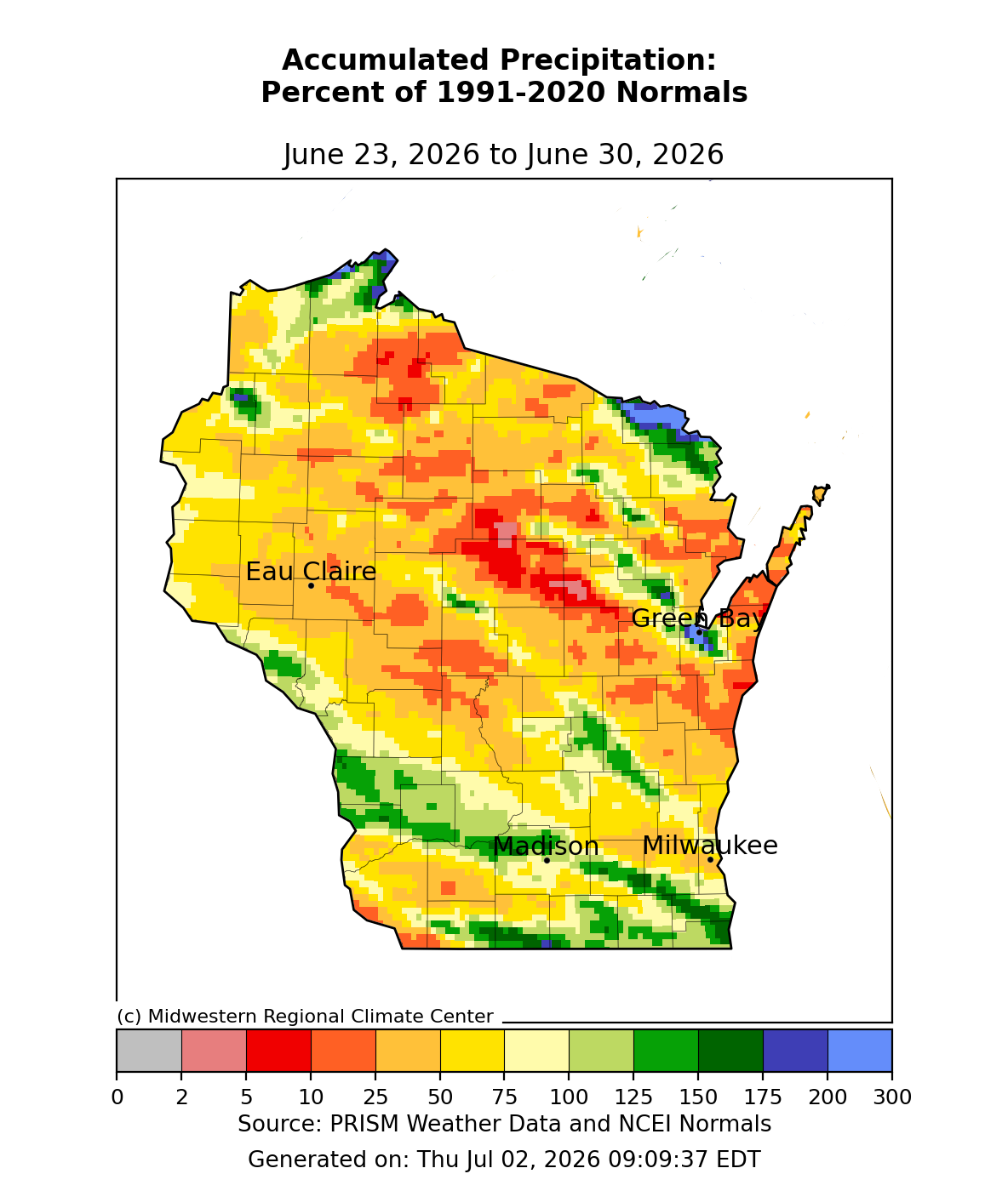 Wisconsin map of precipitation as % of normal, June 23–30, 2026; most of state 50–150%, central WI 5–25% (deficit). Image description below.