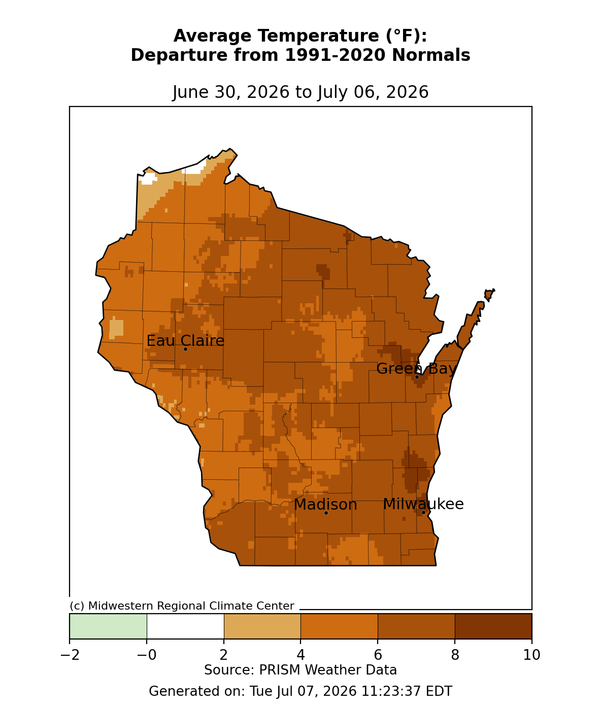 Wisconsin avg temp departure from normal, June 30–July 6, 2026. Statewide 4-8°F above normal; far northwest near normal. Image description below.