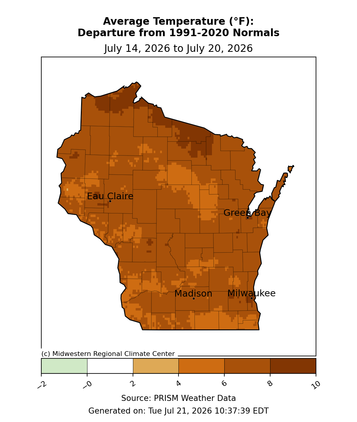 Wisconsin map, avg. temp departure from normal, July 14–20, 2026; statewide 2–10°F above normal. Image description below.