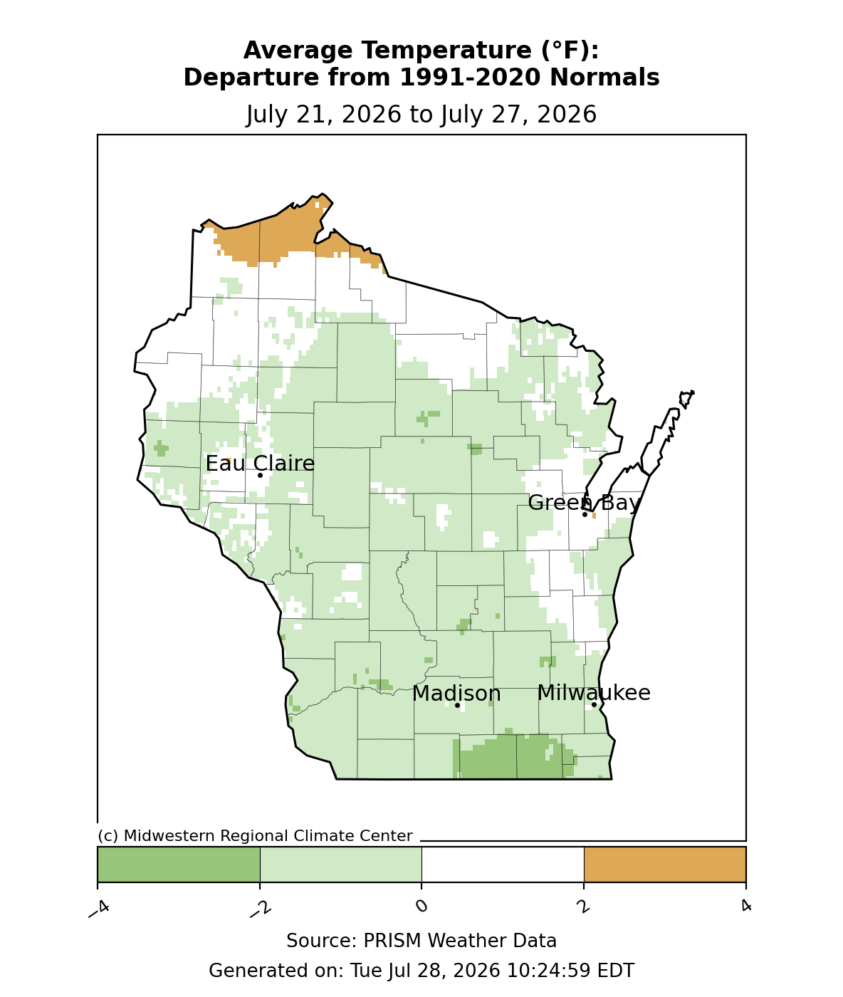 Average temperature departure from 1991-2020 normals, July 21-27, 2026. Most of Wisconsin was near to 2°F below normal.