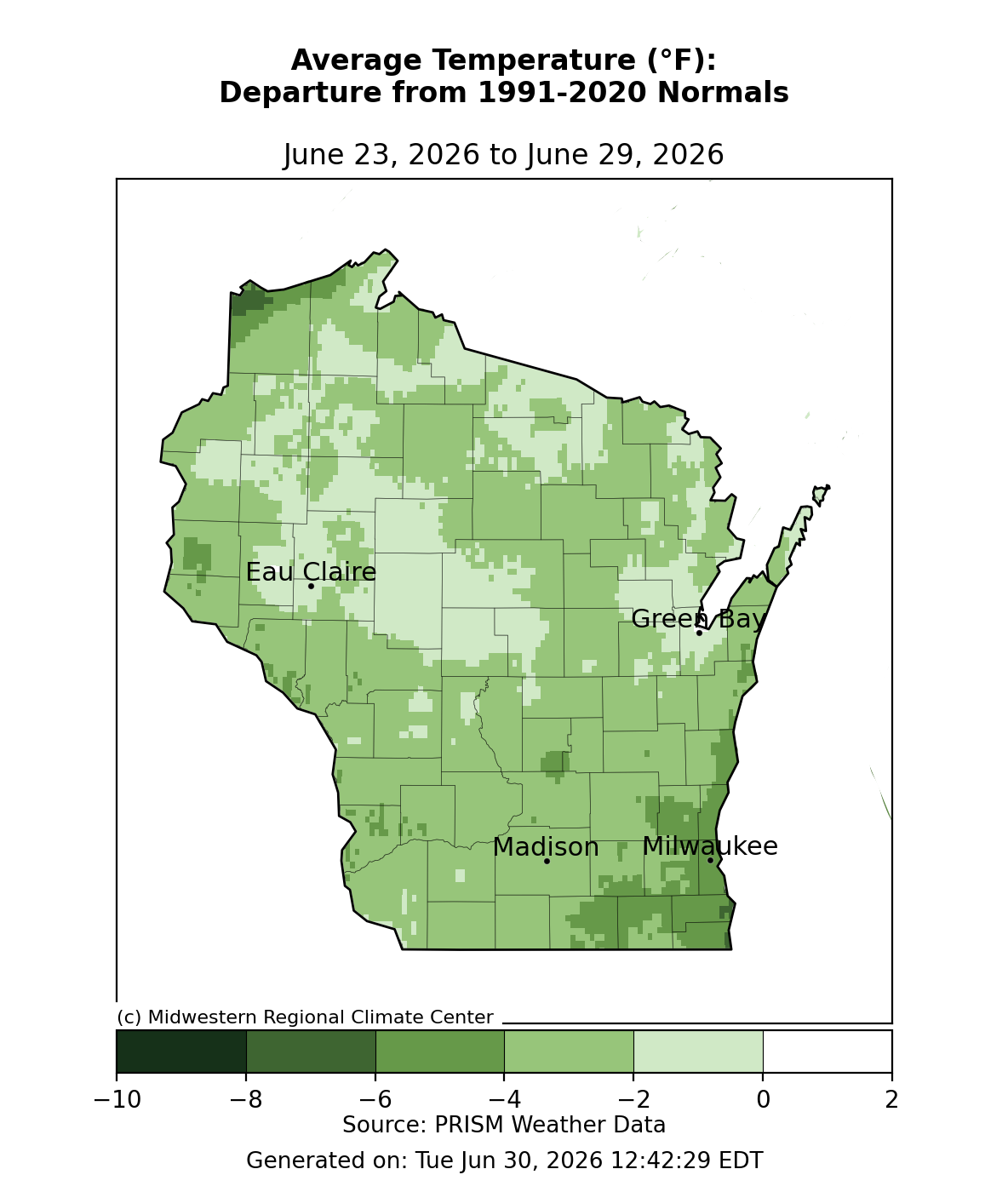Wisconsin map: avg temp departure from normal, June 23–29, 2026. Statewide cooler than normal, all shades of green. Image description below.