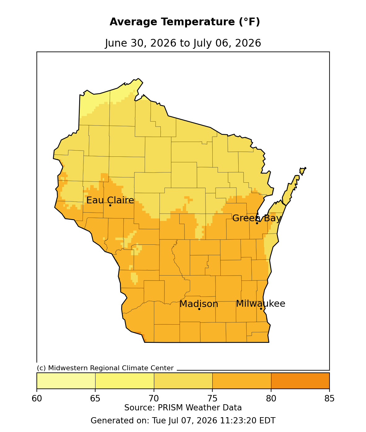 Wisconsin map, avg temp June 30–July 06, 2026: 70-75°F north, 75-80°F south incl. Madison/Milwaukee. Image description below.