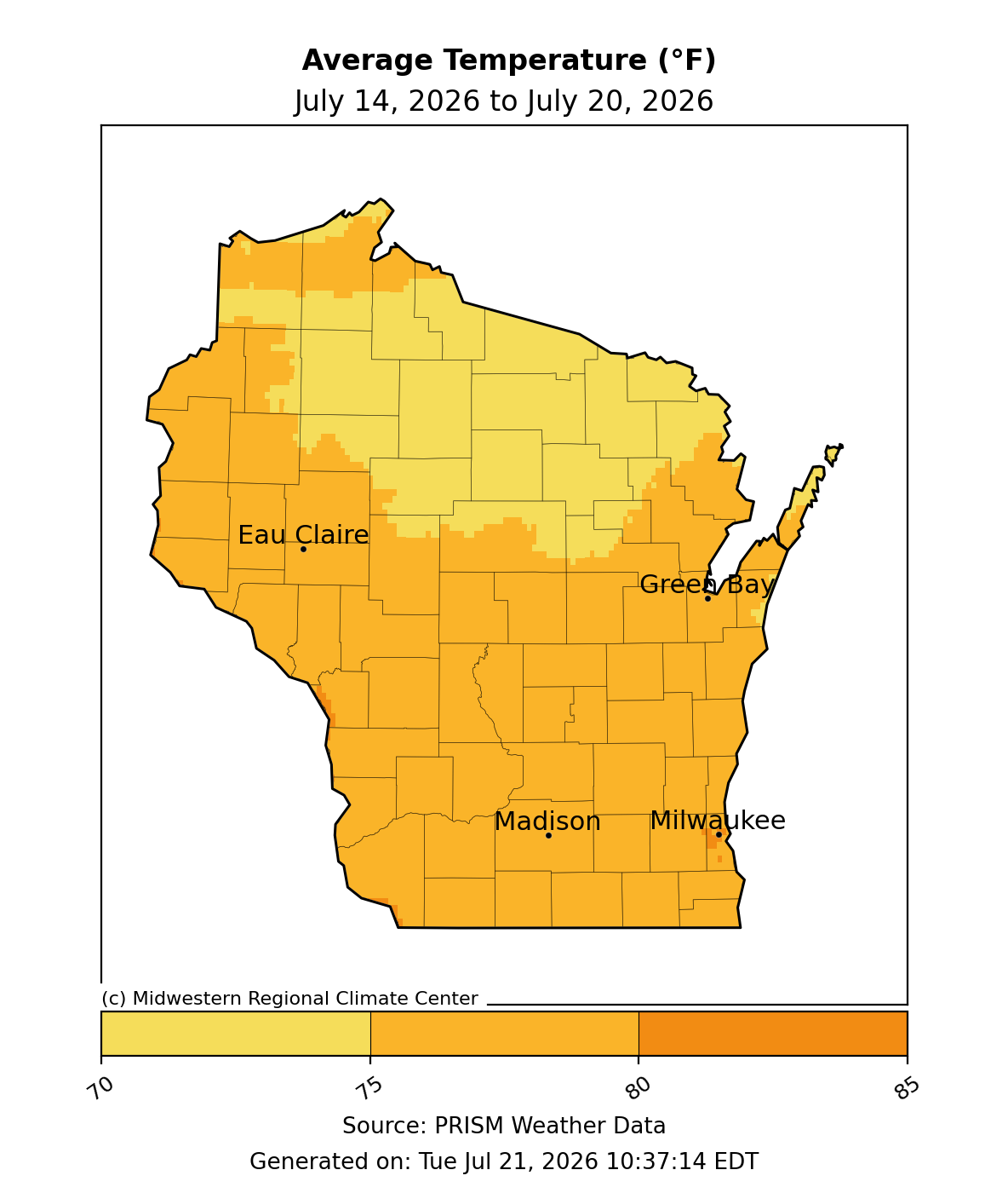 Wisconsin map, avg temp July 14–20, 2026, 70–85°F. Image description below.