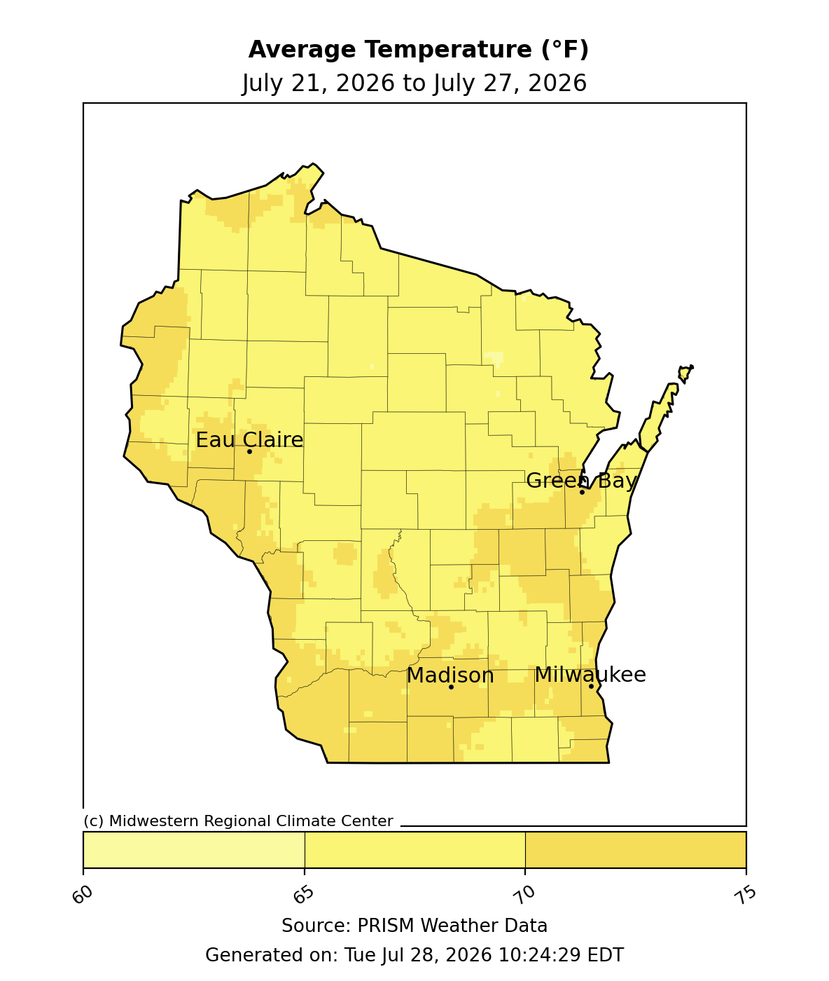 Average temperature map for Wisconsin, July 21-27, 2026. Most areas averaged 65-70°F, with warmer conditions in southern Wisconsin.